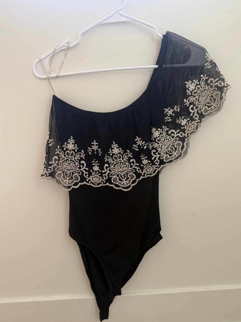 Black One-Shoulder One-Piece with White Lace Trim